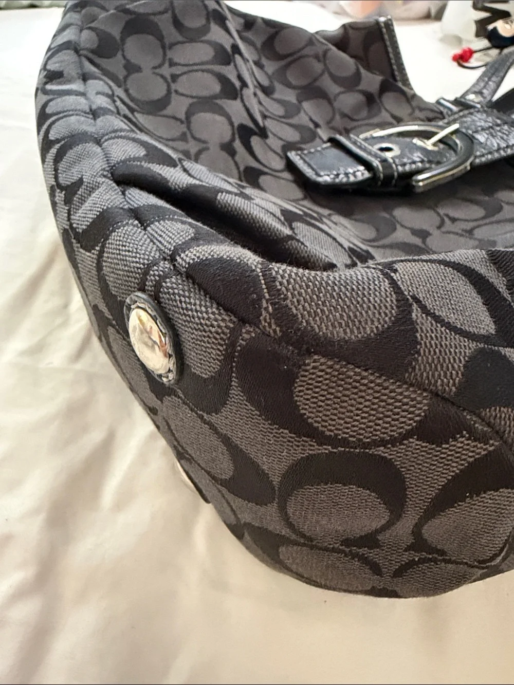 Coach Black Signature Logo Shoulder Bag with Buckle Detail